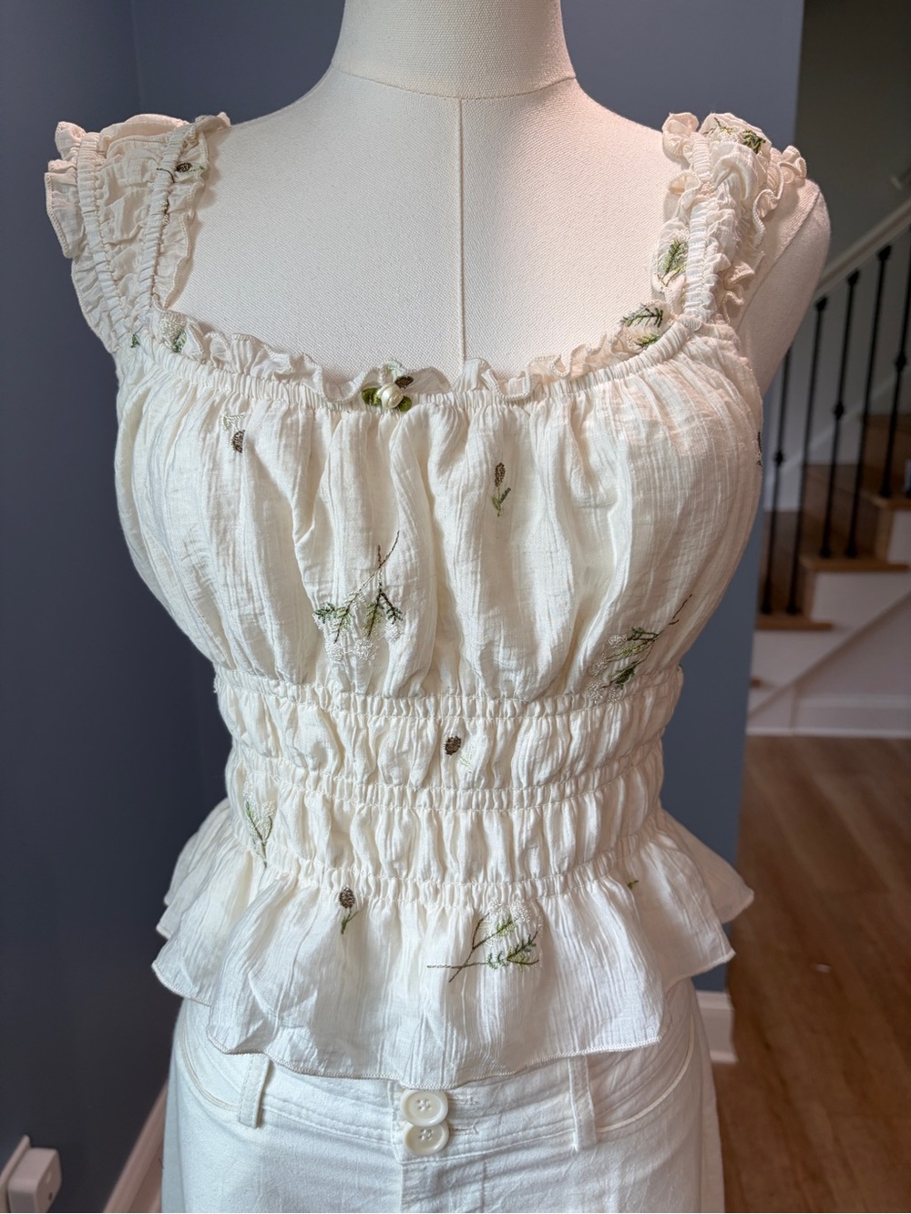 Kirious Los Angeles Embroidered Smocked Peplum Tank Top Medium Cottagecore